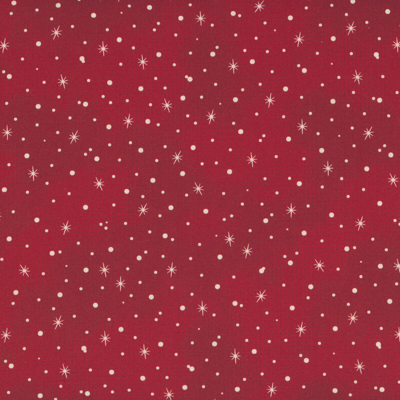 scattered white stars, and dots resembling snowfall on a mottled crimson background.
