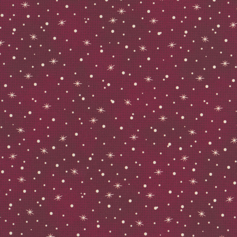 scattered white stars, and dots resembling snowfall on a mottled burgundy background.