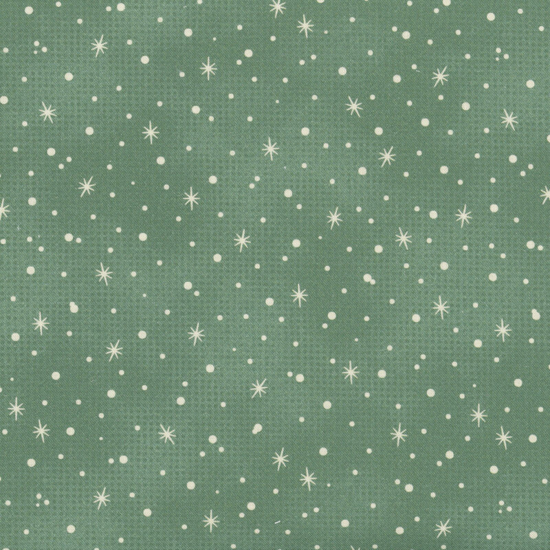 scattered white stars, and dots resembling snowfall on a mottled seafoam background.