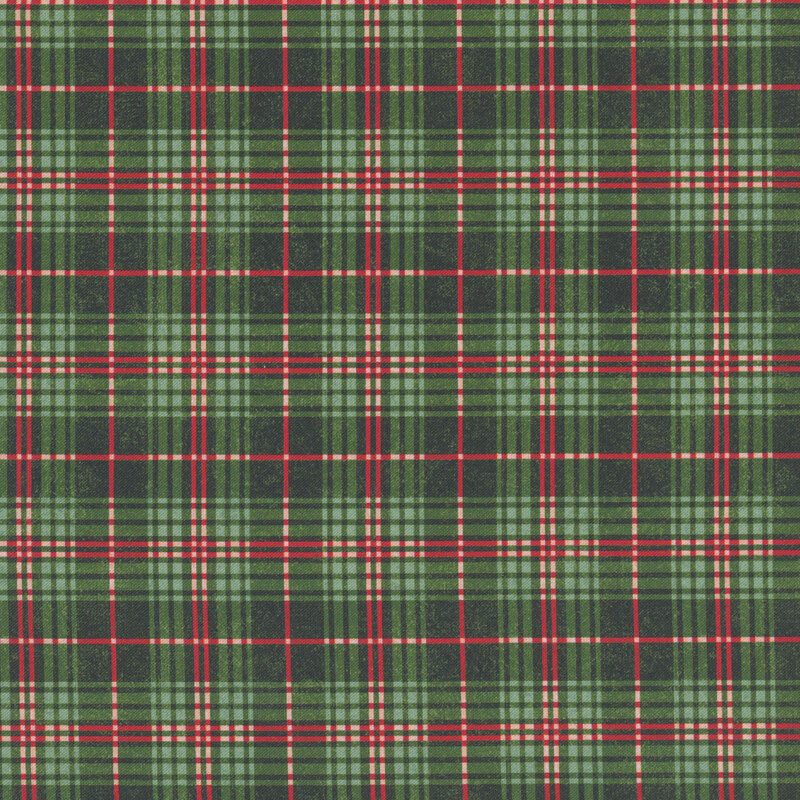dark green plaid with red and cream accents.