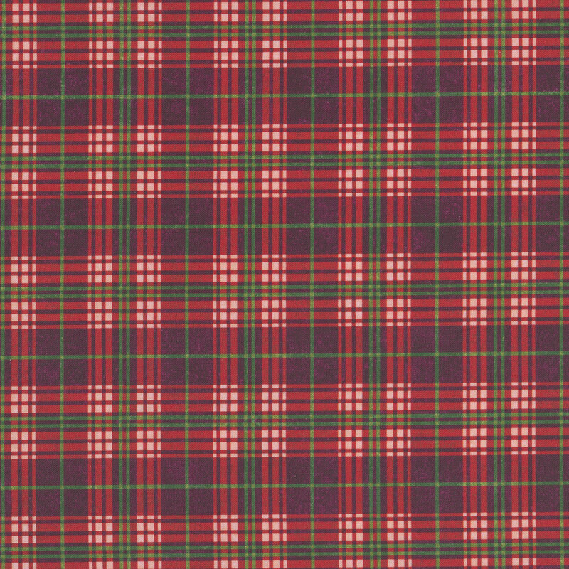 dark red plaid with green and cream accents.