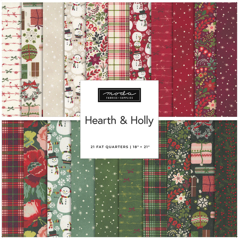 Square collage of Christmas-themed fabrics from the Hearth & Holly Fat Quarter Bundle