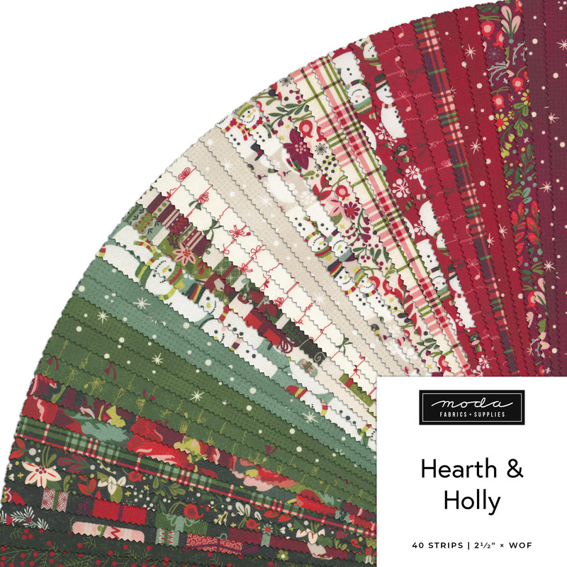 Fanned collage of Christmas-themed fabrics from the Hearth & Holly Jelly Roll
