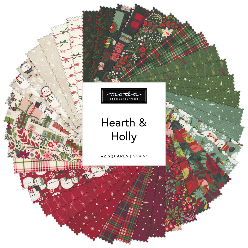 Circular collage of Christmas-themed fabrics from the Hearth & Holly Charm Pack.