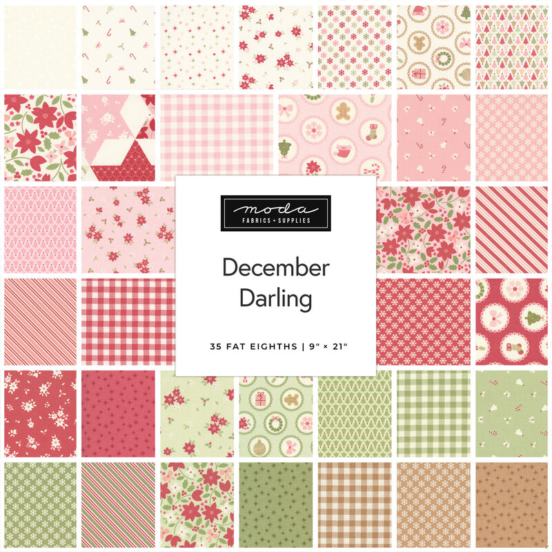 Assorted pink, red, and green holiday fabric swatches around a “December Darling” label.