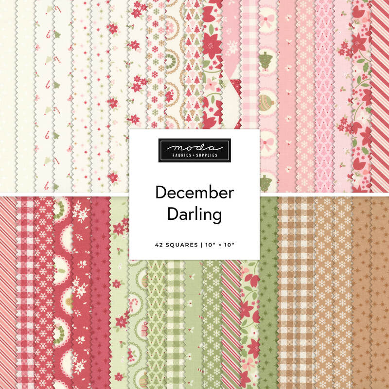 “December Darling” fabric bundle with pink, red, green, and tan holiday prints.