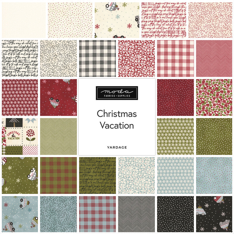 Collage of Christmas-themed fabric patterns with a central label reading “Christmas Vacation.”
