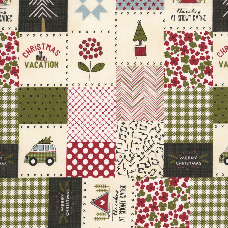 Cheater block fabric with an assortment of Christmas motifs in classic holiday colors of green, red, and cream. 