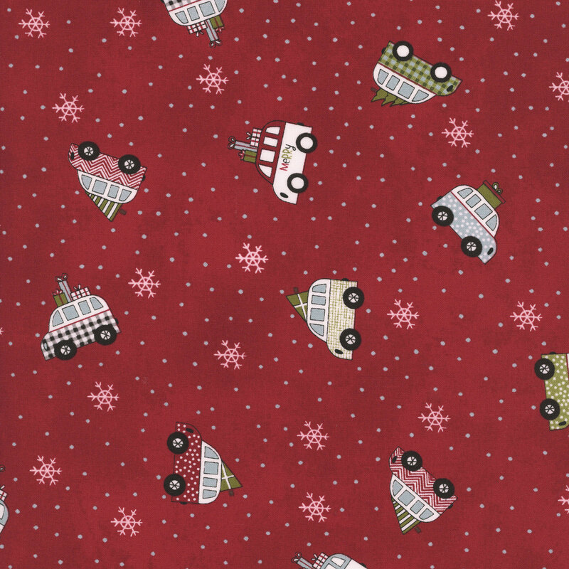 Red fabric with a tossed pattern of Christmas Vacation-themed vans, dots, and snowflakes.