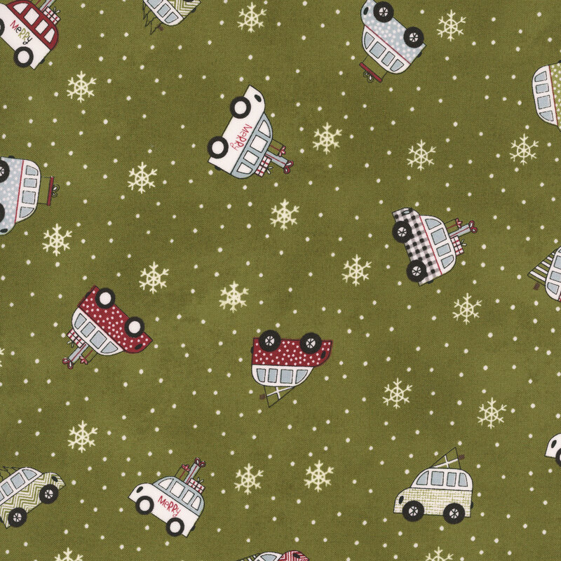 Green fabric with a tossed pattern of Christmas Vacation-themed vans, dots, and snowflakes. 