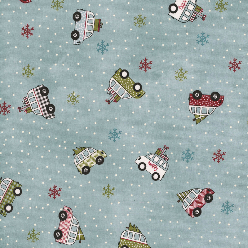 Blue fabric with a tossed pattern of Christmas Vacation-themed vans, dots, and snowflakes.