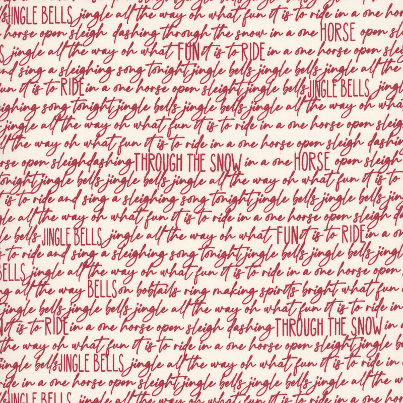 Cream fabric with a cursive text pattern featuring the lyrics to the song "Jingle Bells."