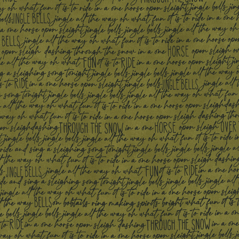 Green fabric with a cursive text pattern featuring the lyrics to the song "Jingle Bells."