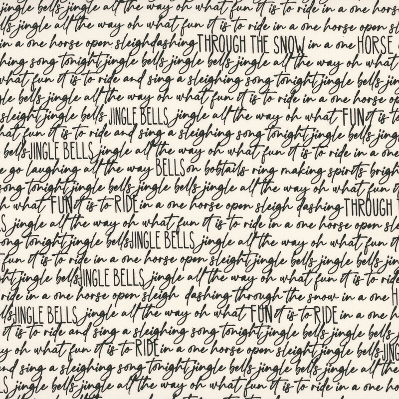 White fabric with a cursive text pattern featuring the lyrics to the song "Jingle Bells."