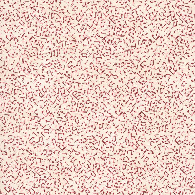 Mottled cream fabric features a tossed pattern of musical notes.