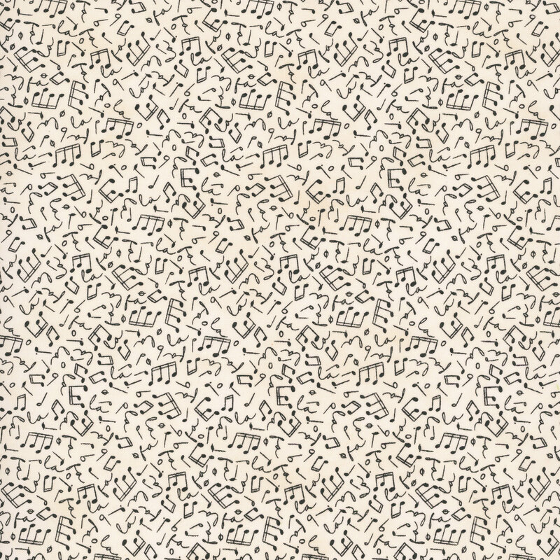 Mottled cream fabric with a tossed pattern of musical notes.