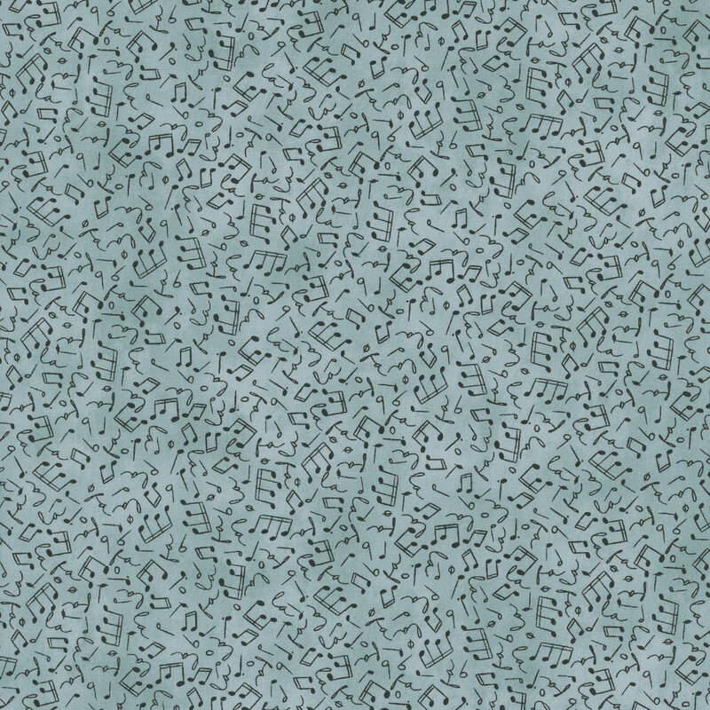 Mottled blue fabric with a tossed pattern of musical notes.