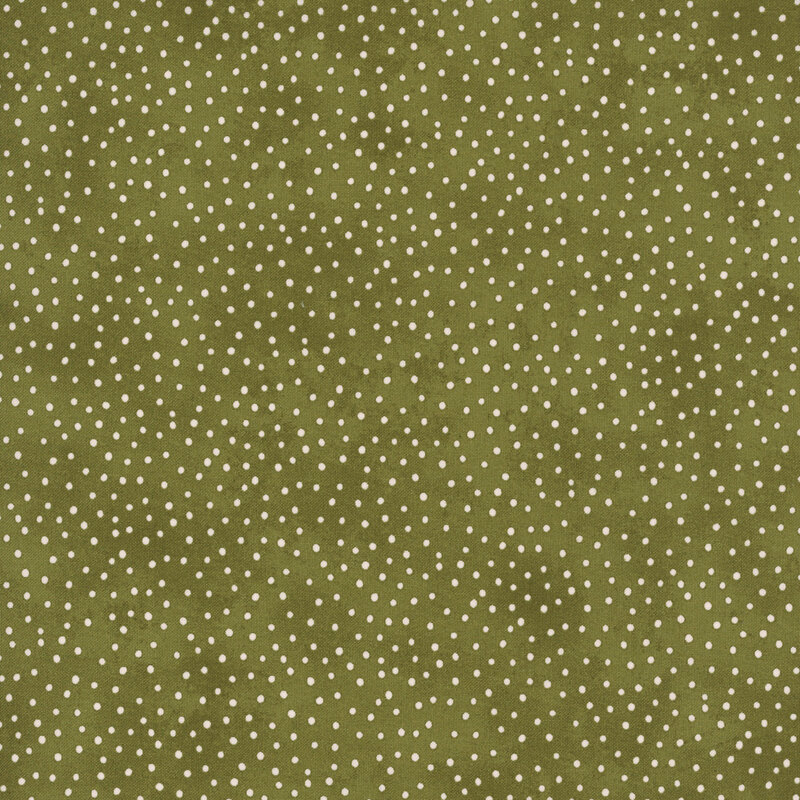 Mottled green fabric with a pattern of scattered white dots.