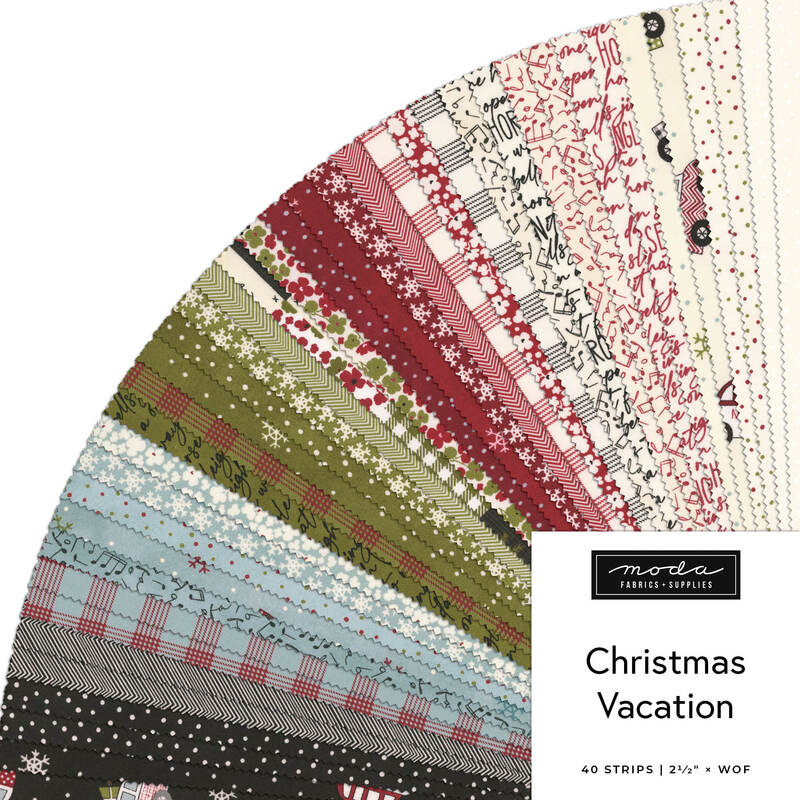 Assorted Christmas-themed fabric strips fanned out in a semicircle, labeled Christmas Vacation.