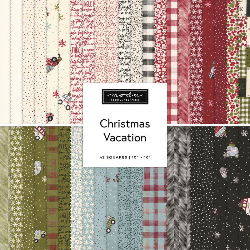 Fabric swatches for Moda “Christmas Vacation” quilting squares in assorted holiday prints.
