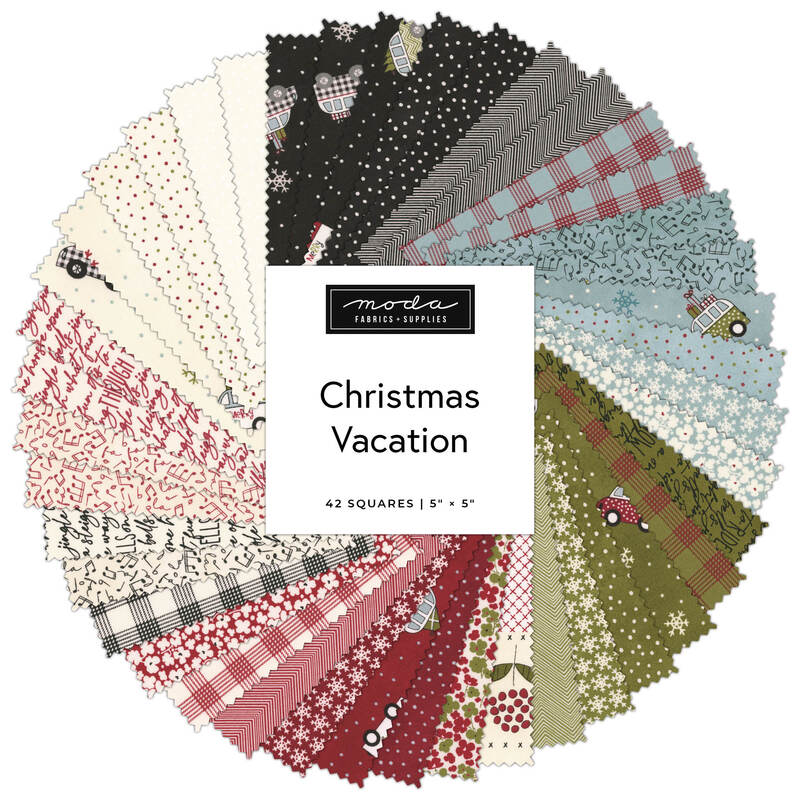 Assorted Christmas fabric squares fanned around a “Christmas Vacation” label.