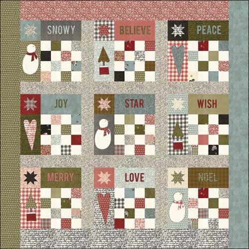 Patchwork Christmas quilt pattern with holiday words: Snowy, Believe, Peace, Joy, Star, Wish, Merry, Love, Noel.