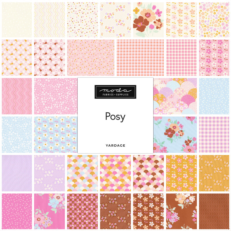 Digital collage of the available yardage fabrics with floral prints from the Posy fabric collection.