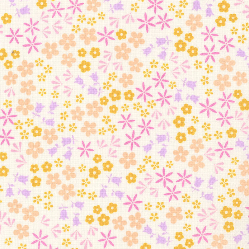 Cream fabric with a scattered pattern of soft-toned floral blooms.