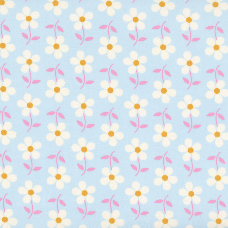 Baby blue fabric with columns of flipped white, pink, and gold florals.