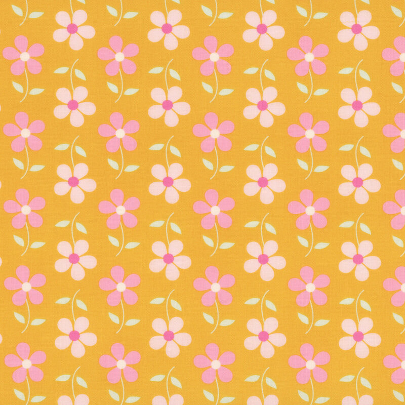 Gold fabric with columns of flipped soft pink florals.