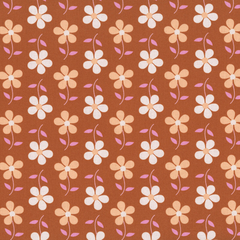 Burnt sienna fabric with columns of flipped soft-toned florals.