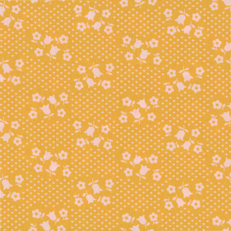 Gold fabric with a scattered design of small white hearts and groups of florals.