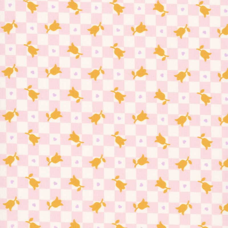 A pastel pink and cream checker pattern accented with purple hearts and golden tulips.