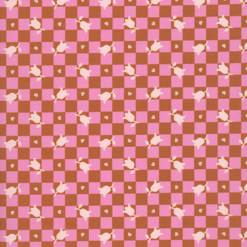 A pastel pink and brown checker pattern accented with pastel pink hearts and tulips.
