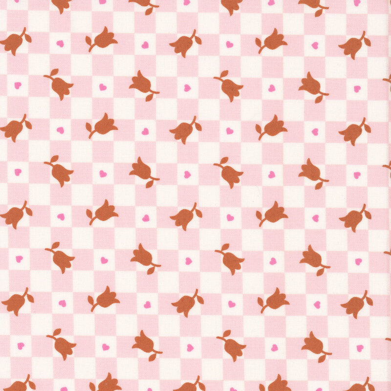 A pastel pink and cream checker pattern accented with pink hearts and burnt sienna tulips.
