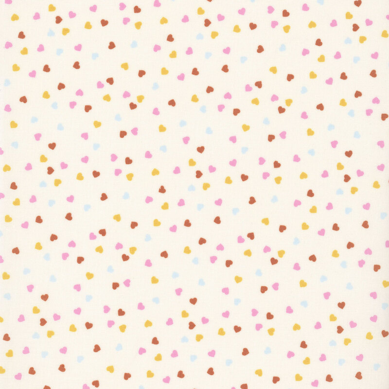 Cream fabric with a playful tossed pattern of small, multicolored hearts.