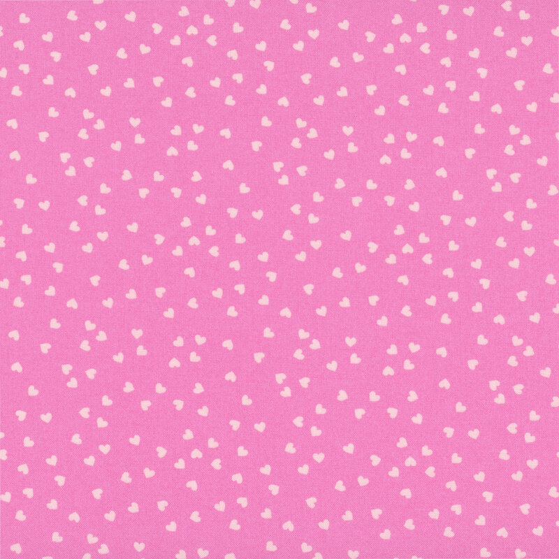 Hot pink fabric with a playful tossed pattern of small, pastel pink hearts.