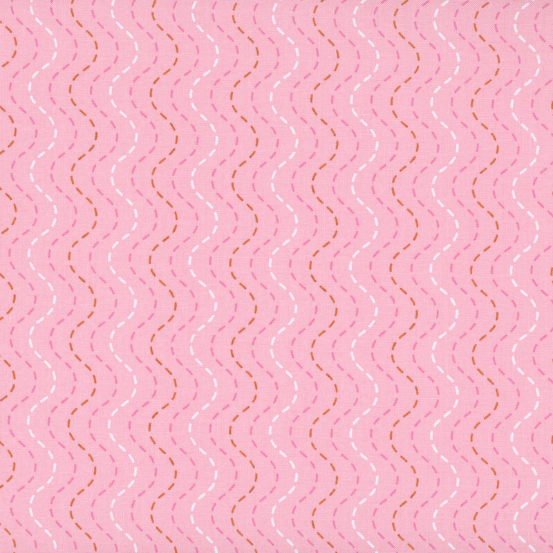 Soft pink fabric with a white, burnt sienna, and hot pink wavy, dashed-stripe design.