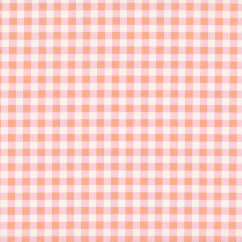 Cream fabric with a dense pink and salmon pink gingham design.