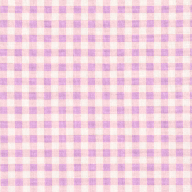 Cream fabric with a dense orchid purple and peach-pink gingham design.