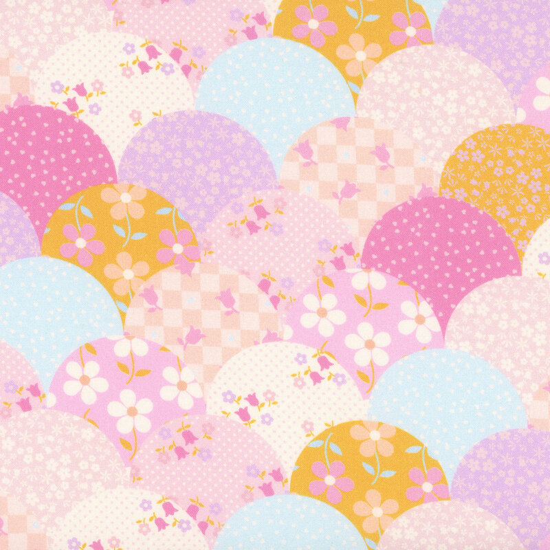 Multicolor scallop cheater design, including a medley of floral, checkered, and heart prints.