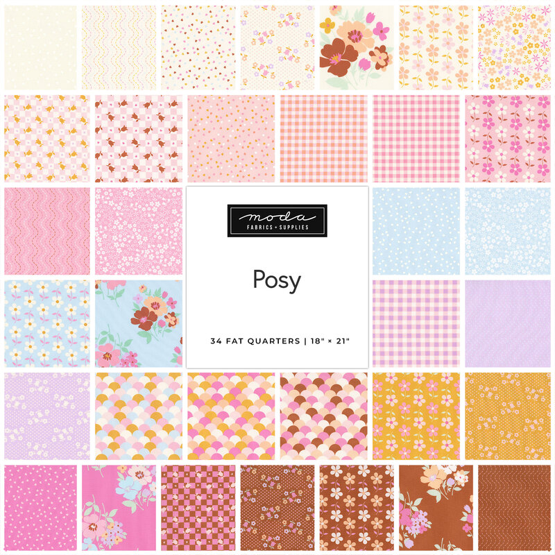 Digital collage of the Fat Quarter Bundle with floral prints from the Posy fabric collection.