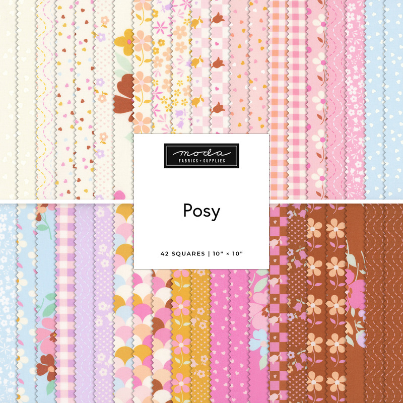 Digital collage of the Layer Cake Bundle with floral prints from the Posy fabric collection.