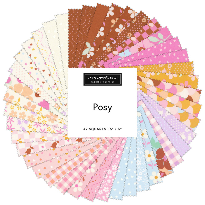 Digital collage of the Charm Pack Bundle with floral prints from the Posy fabric collection.