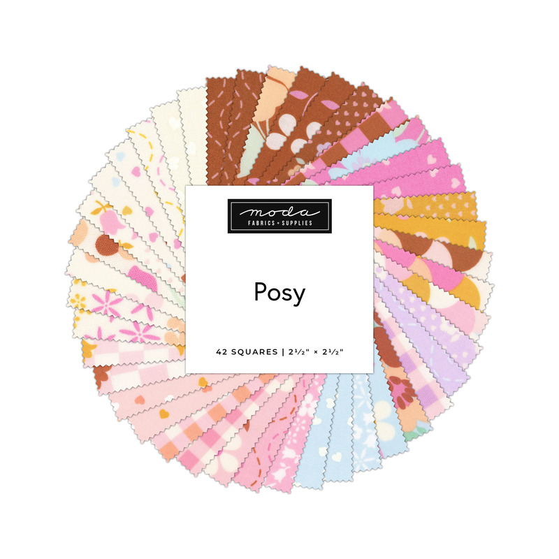 Digital collage of the Mini Charm Pack Bundle with floral prints from the Posy fabric collection.