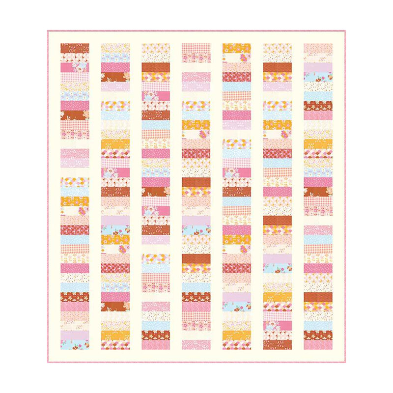 Digital mockup of the finished Penny Lane quilt pattern with a medley of Posy fabrics in a stacked coin design.