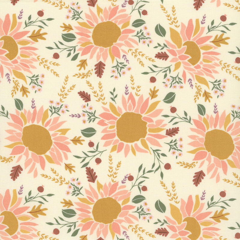 large stylized sunflowers in golden yellow and light pink hues, scattered with fall leaves, delicate sprigs, berries, and tiny blossoms on a cream background