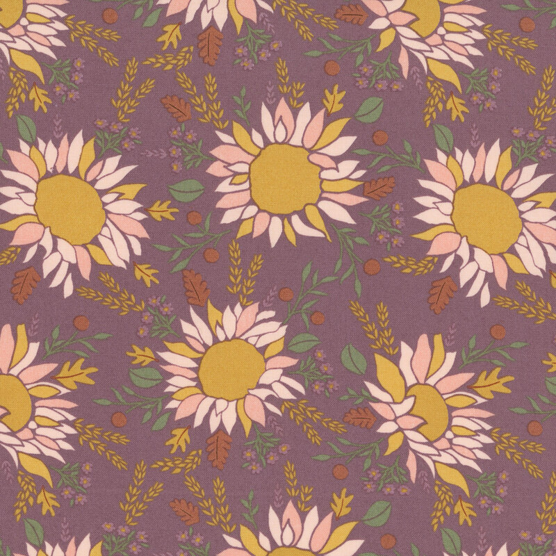 large stylized sunflowers in golden yellow, blush pink, and cream, scattered with fall leaves, delicate sprigs, berries, and tiny blossoms on a muted plum background