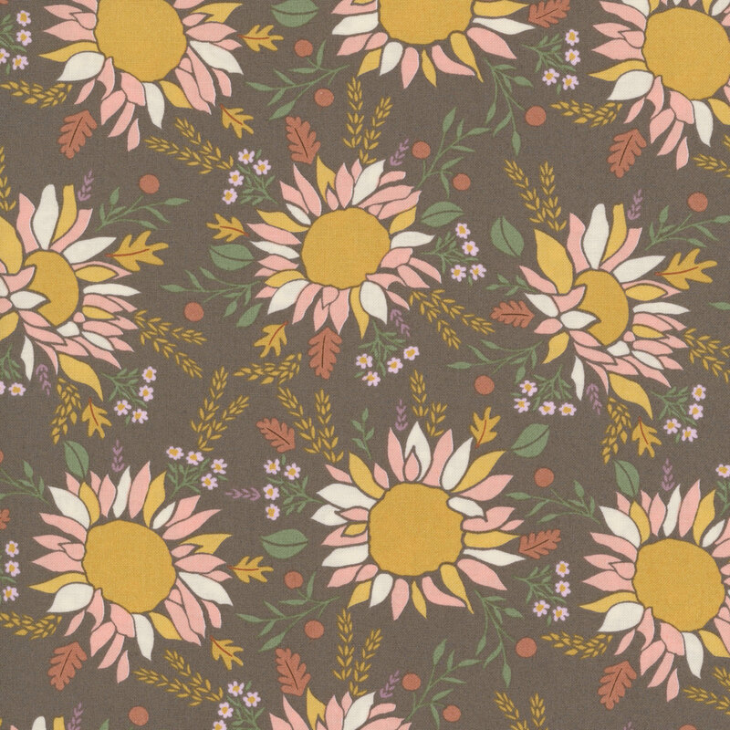 large stylized sunflowers in golden yellow, blush pink, and cream, scattered with fall leaves, delicate sprigs, berries, and tiny blossoms on a dark taupe background