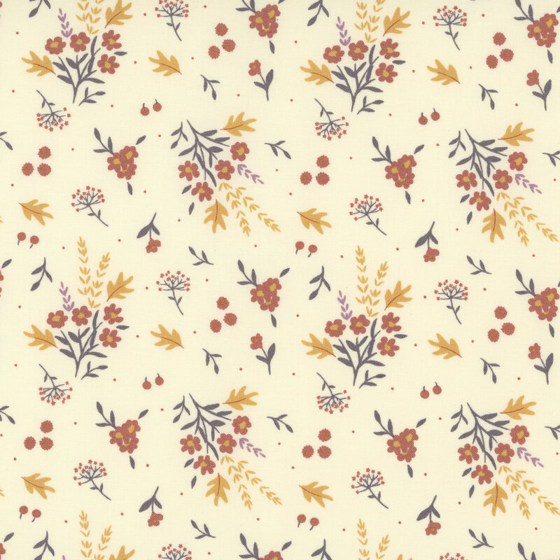 scattered bouquets of rust-colored flowers, golden leaves, berries, and delicate sprigs on a cream background